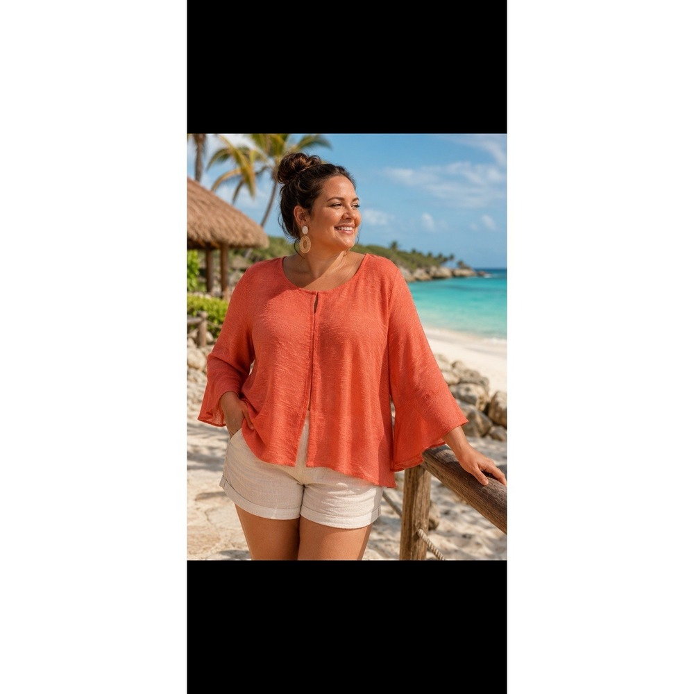 Perceptions 3X Coral Bell Sleeve Shrug Cover Up Boho Lightweight Cardigan